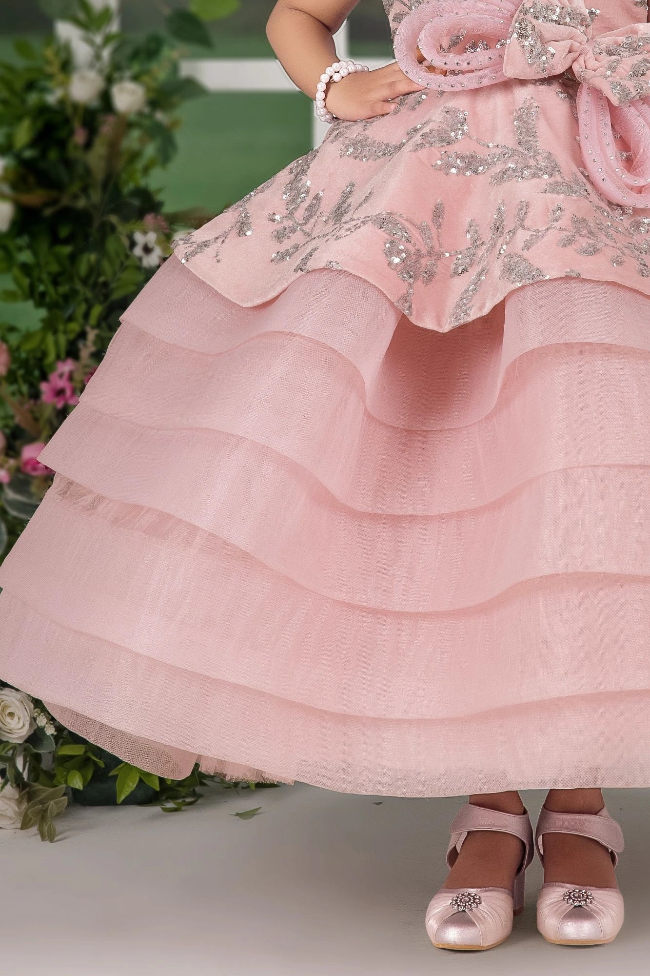 Pink Layered Party Gown with 3D Floral Bow For Girls