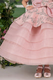 Pink Layered Party Gown with 3D Floral Bow For Girls