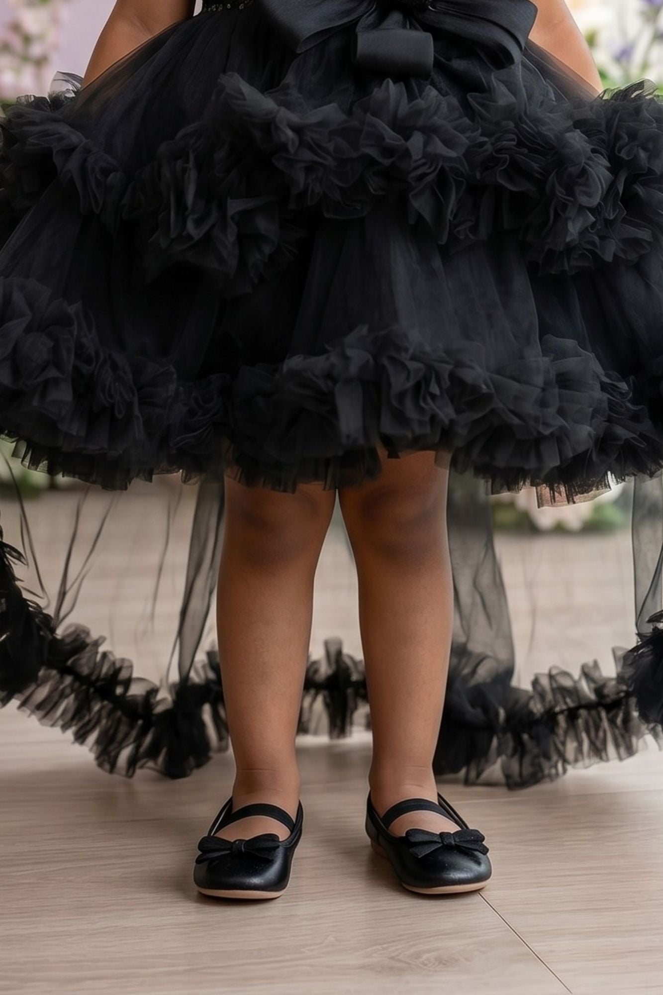 Black One-Shoulder Sequin Party Frock with Layered Tulle For Girls