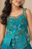 Blue Floral Embroidered Top With Palazzo And Dupatta Set