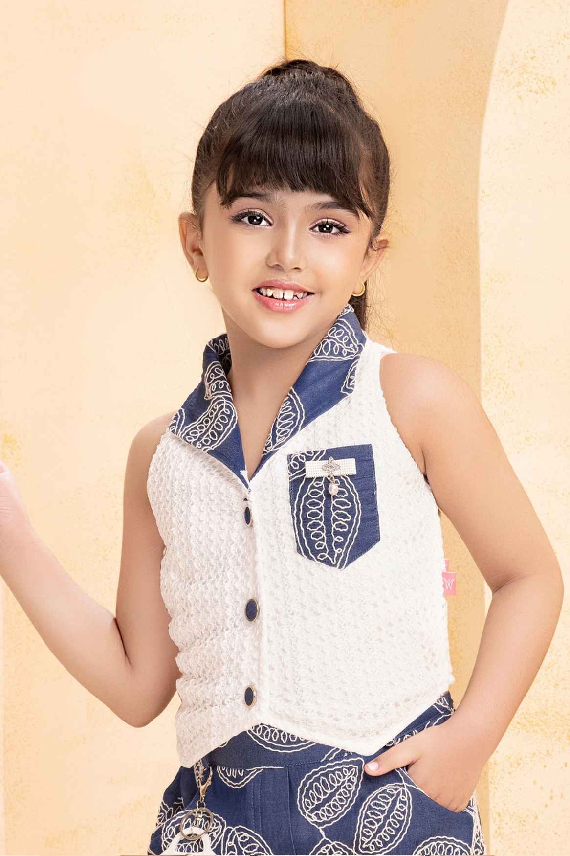 Blue Shirt And Denim Embroidered Jogger Set For Girls