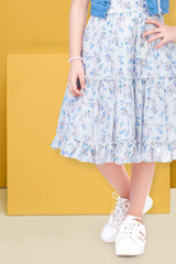 Blue Sleeveless Floral Printed Frock With Denim Overcoat For Girls