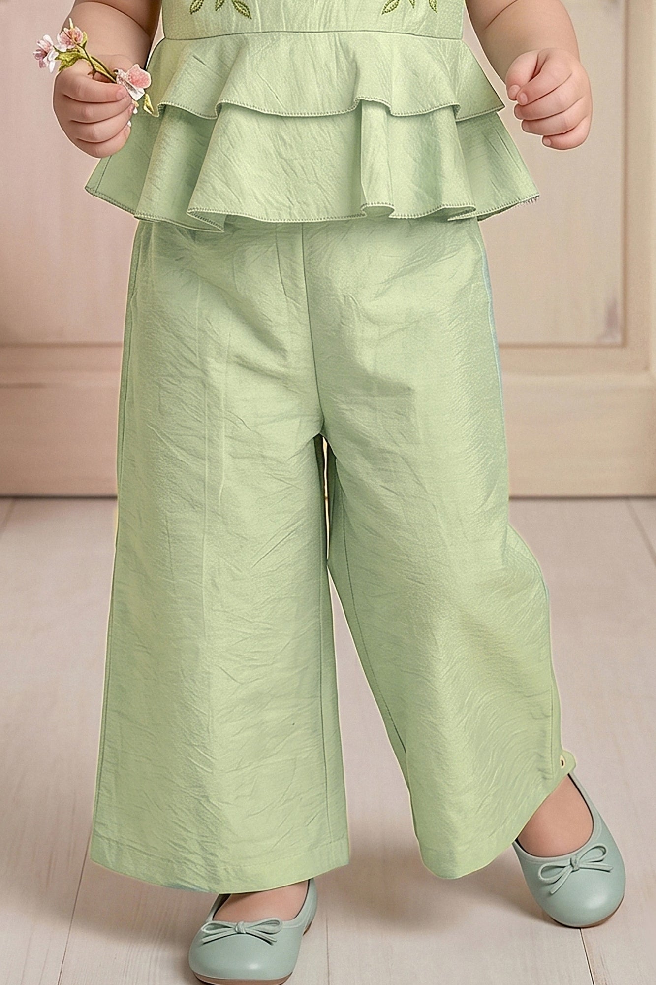 Girls Mint Green Embroidered Peplum Top with Palazzo Pants Co Ord Set