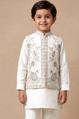 Boys Elegant Ivory Bird And Floral Kurta Set With Nehru Jacket