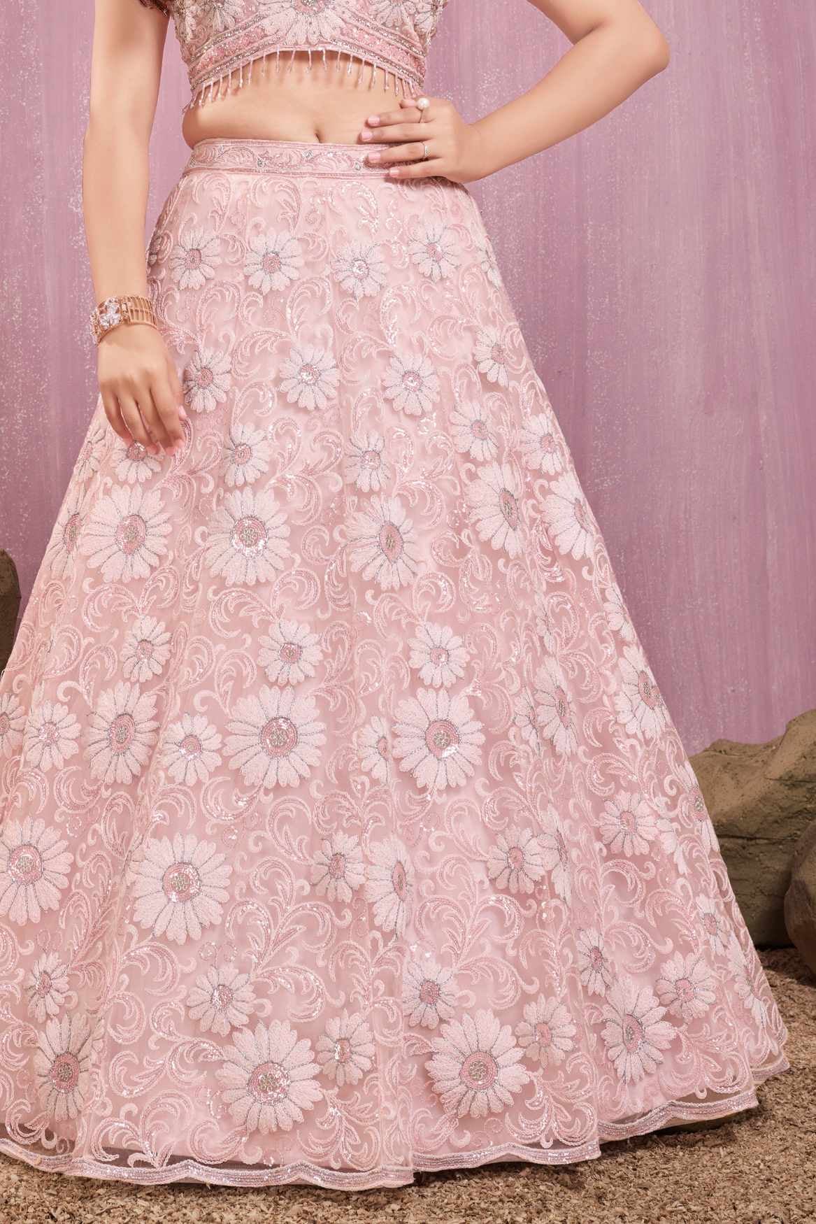 Blush Pink Floral Embroidered Lehenga Choli Set For Girls