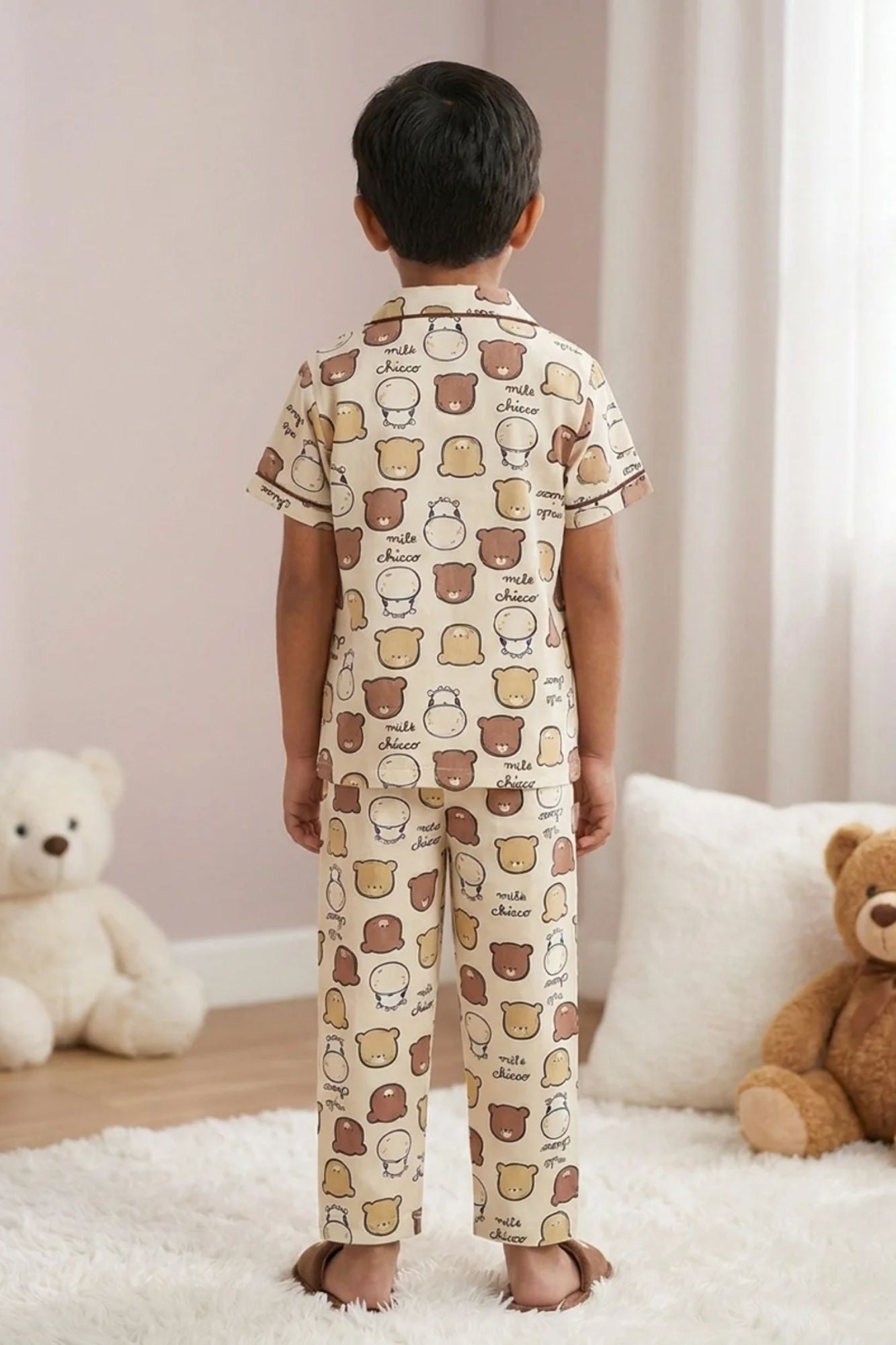 Boys Beige Cartoon Bear Print Night Suit Set