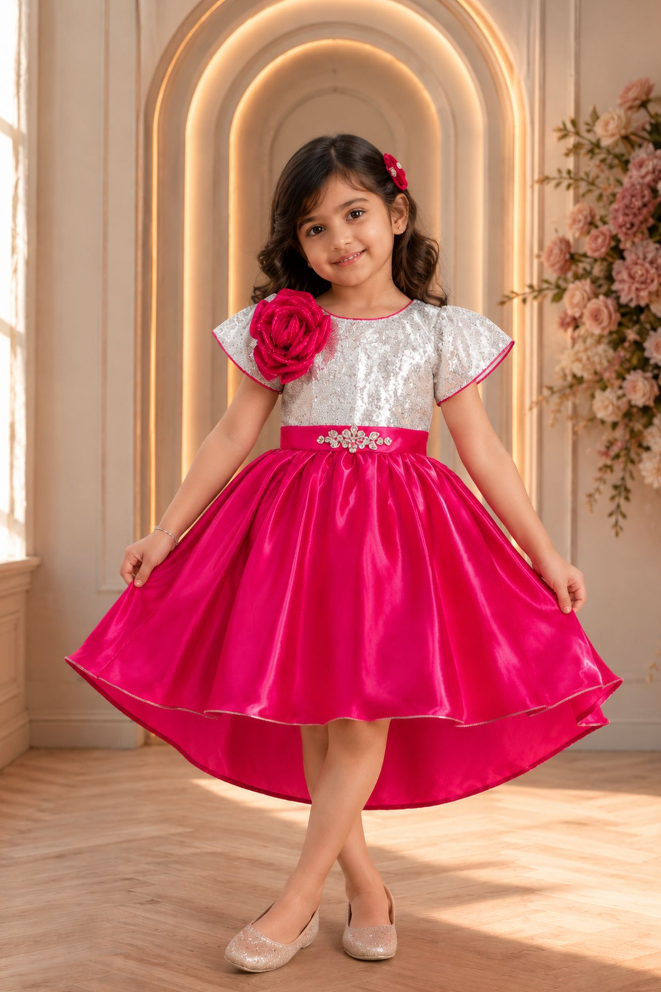 Rani Pink Party Frock with Silver Sequin Bodice For Girls