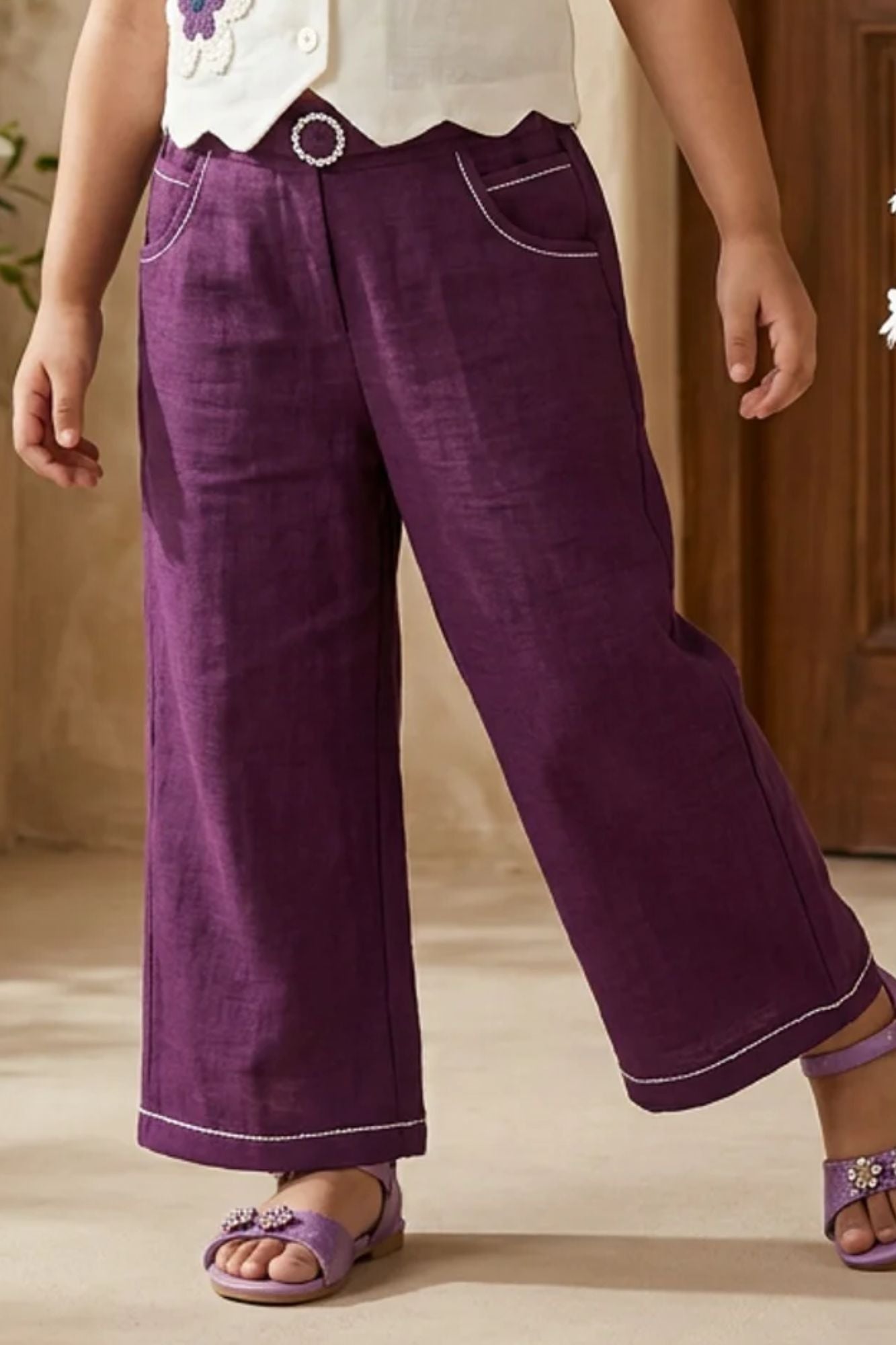 Girls Off-White And Purple Floral Embroidered Co-Ord Set with Wide Leg Pants