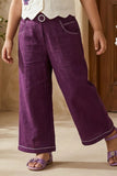 Girls Off-White And Purple Floral Embroidered Co-Ord Set with Wide Leg Pants