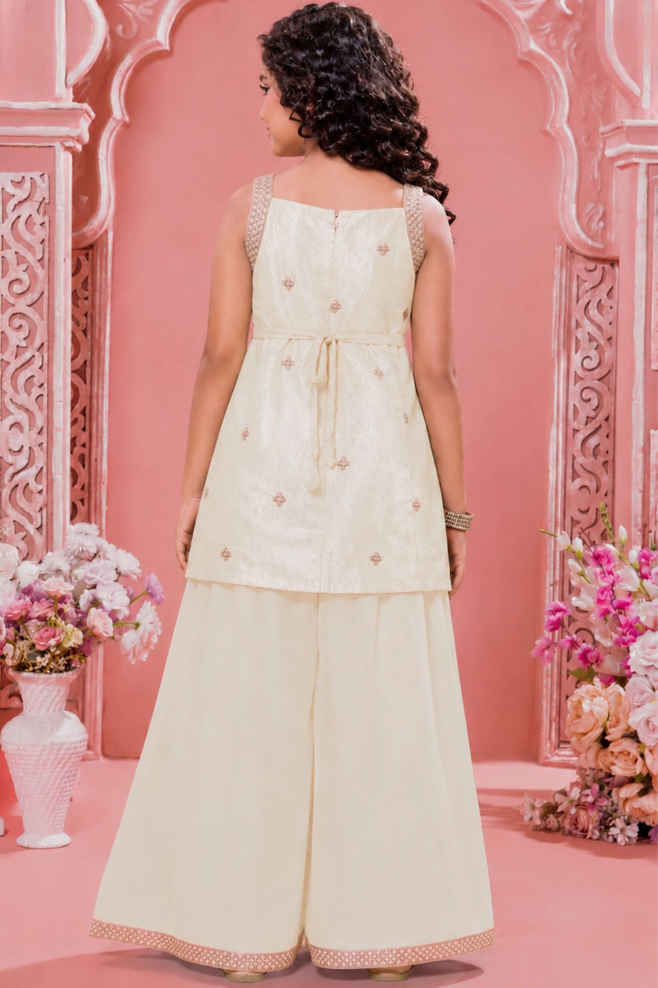 Cream Embroidered Kurti And Palazzo Set for Girls