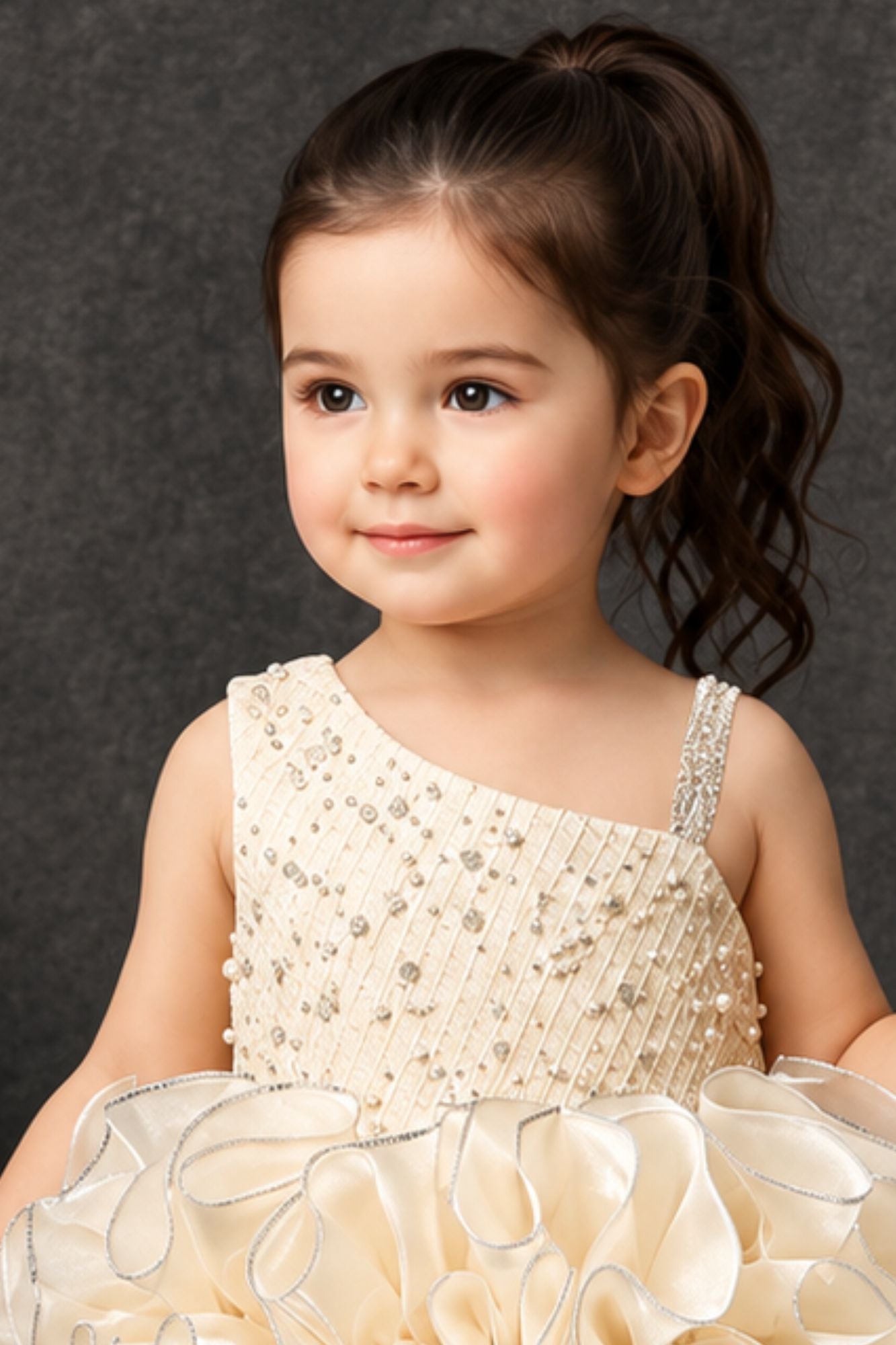 Champagne Gold One-Shoulder Ruffle Party Wear Frock