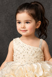 Champagne Gold One-Shoulder Ruffle Party Wear Frock