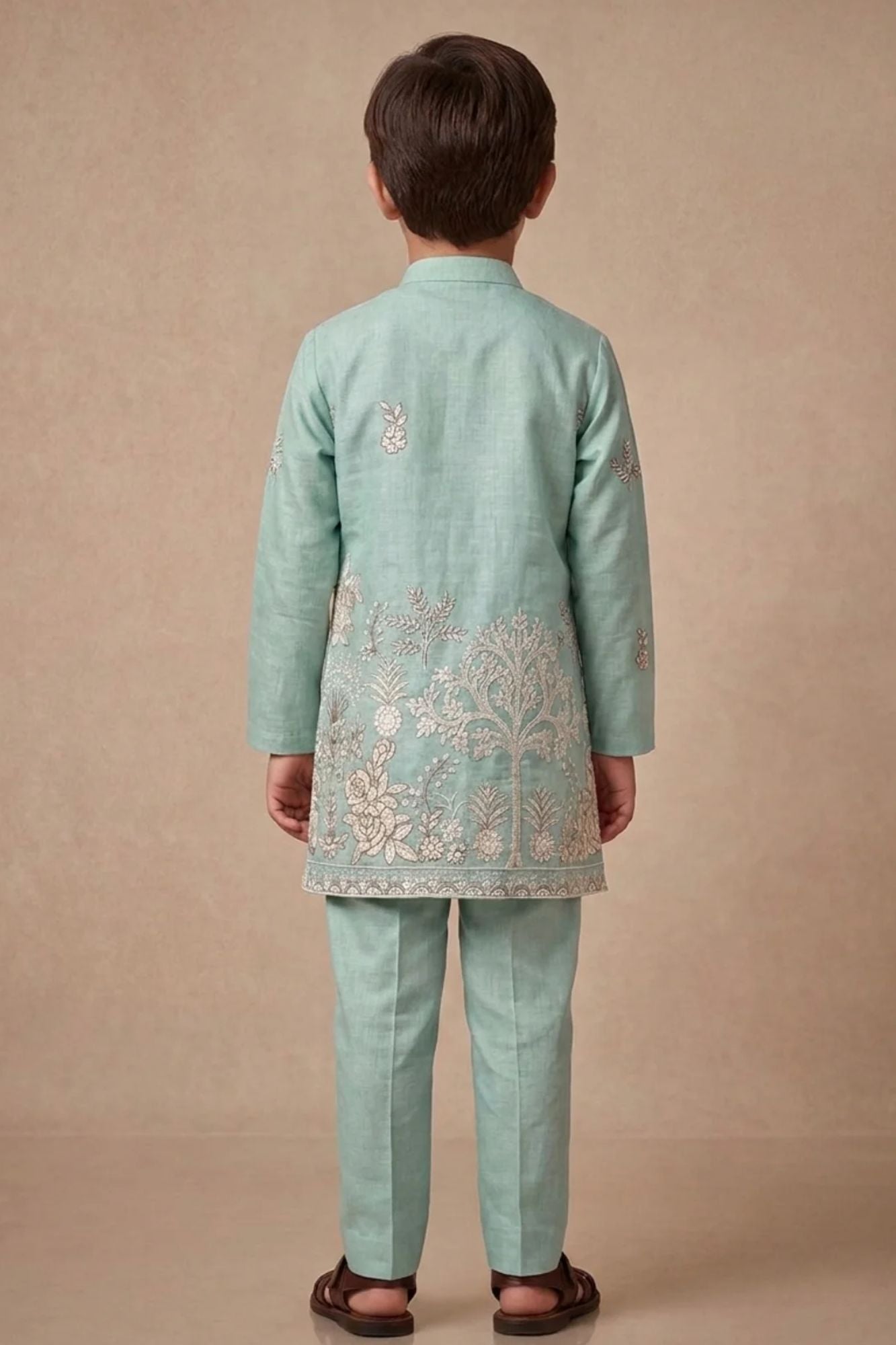 Boys Sage Green Kurta Pajama Set With Floral Thread Embroidery