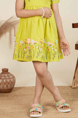 Mustard Cotton Frock With Elegant Floral Embroidery For Girls