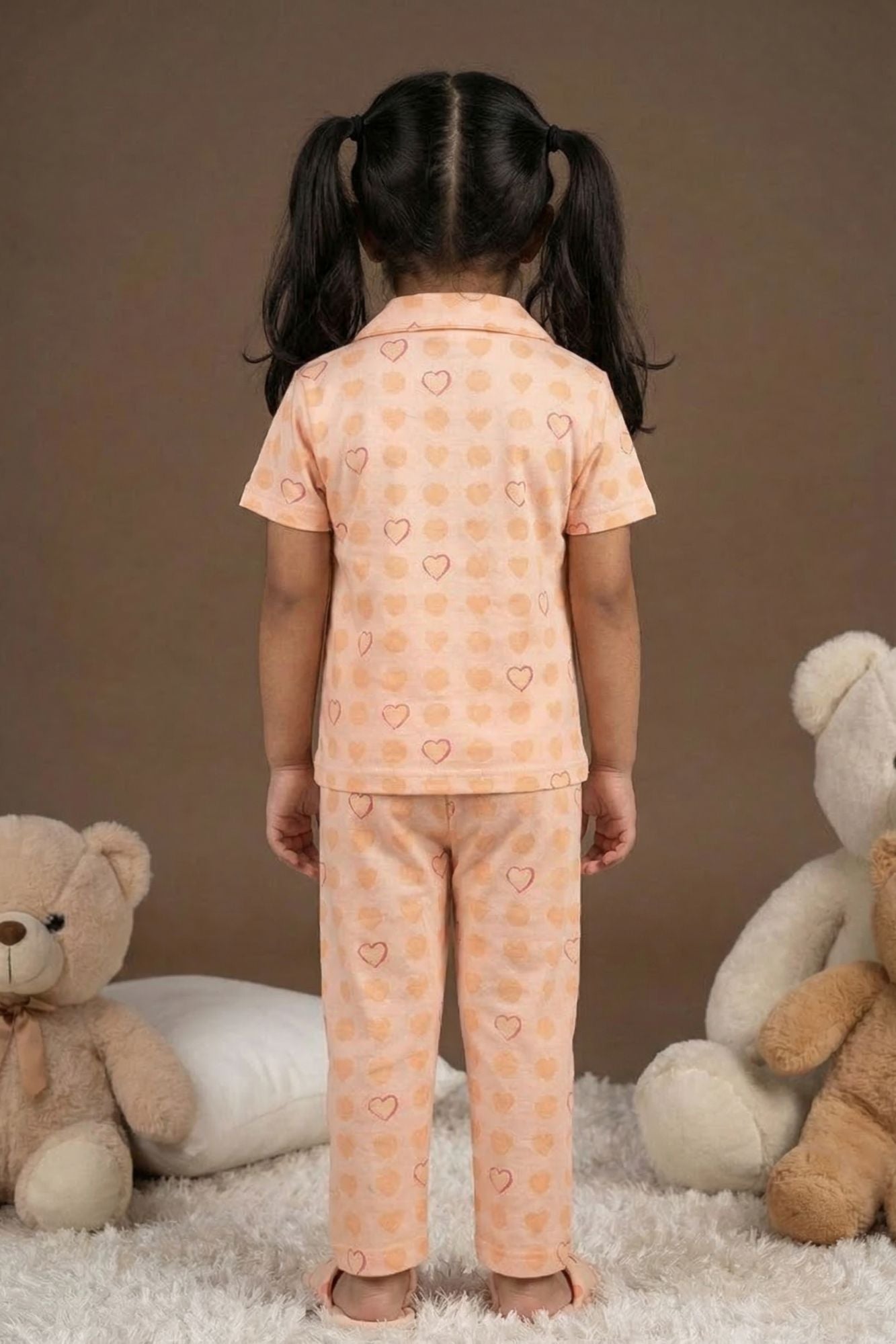 Peach Heart Print Night Suit Set For Girls