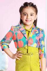 Stylish Mustard Jumpsuit With Multicolor Printed Over Coat For Girls