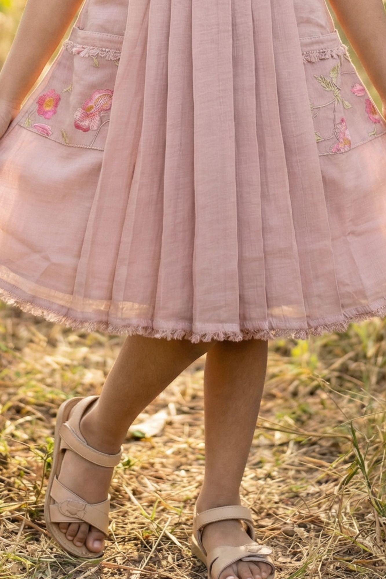 Dusty Pink Floral Embroidered Frock For Girls