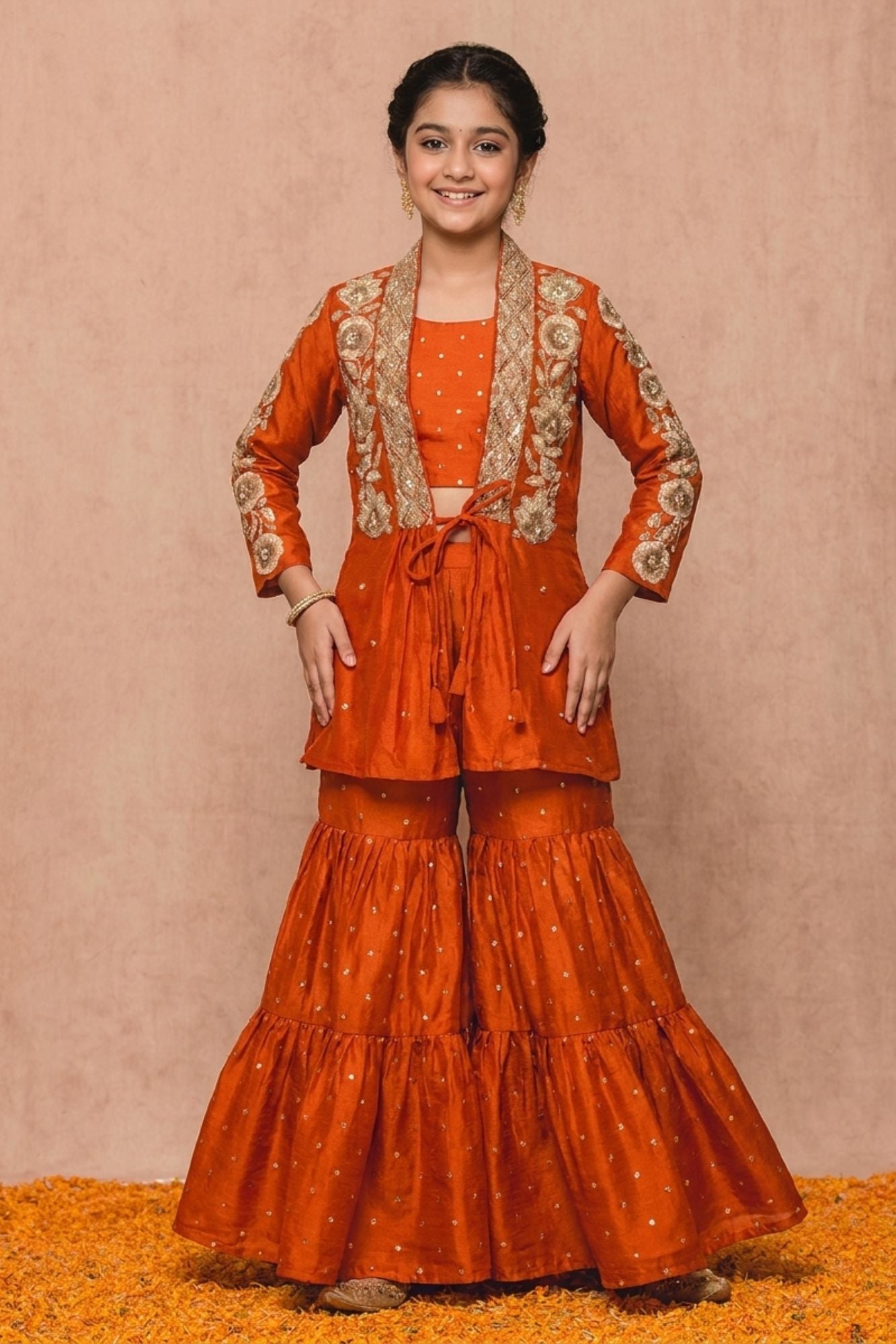 Rust Orange And Gold Floral Embroidered Jacket With Embellished Sharara Set