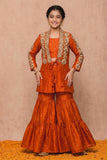 Rust Orange And Gold Floral Embroidered Jacket With Embellished Sharara Set