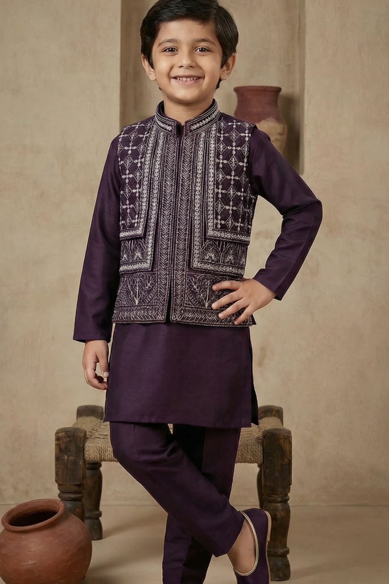Wine Zari Work Kurta Pajama Set With Jacket For Boys