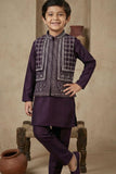 Wine Zari Work Kurta Pajama Set With Jacket For Boys