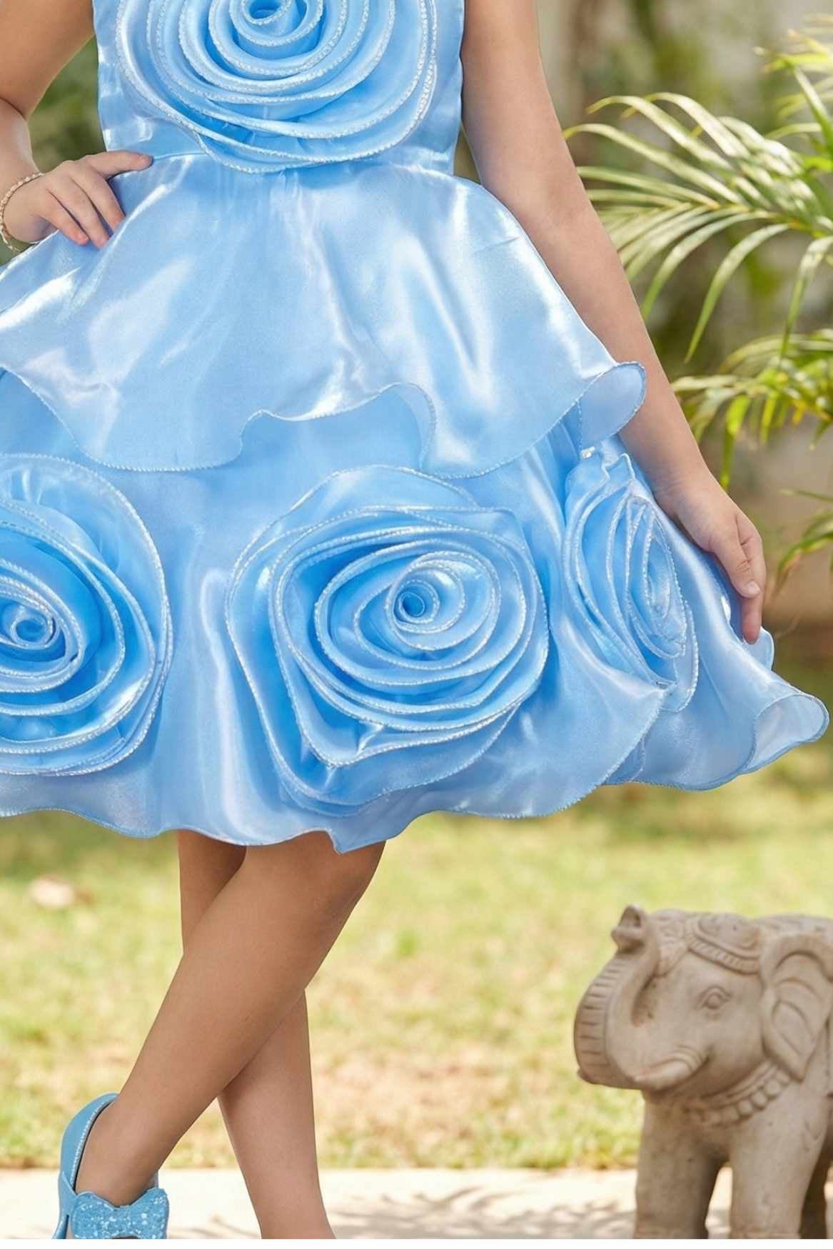 Sky Blue Embellished Party Wear Frock with 3D Rose Appliqué For Girls