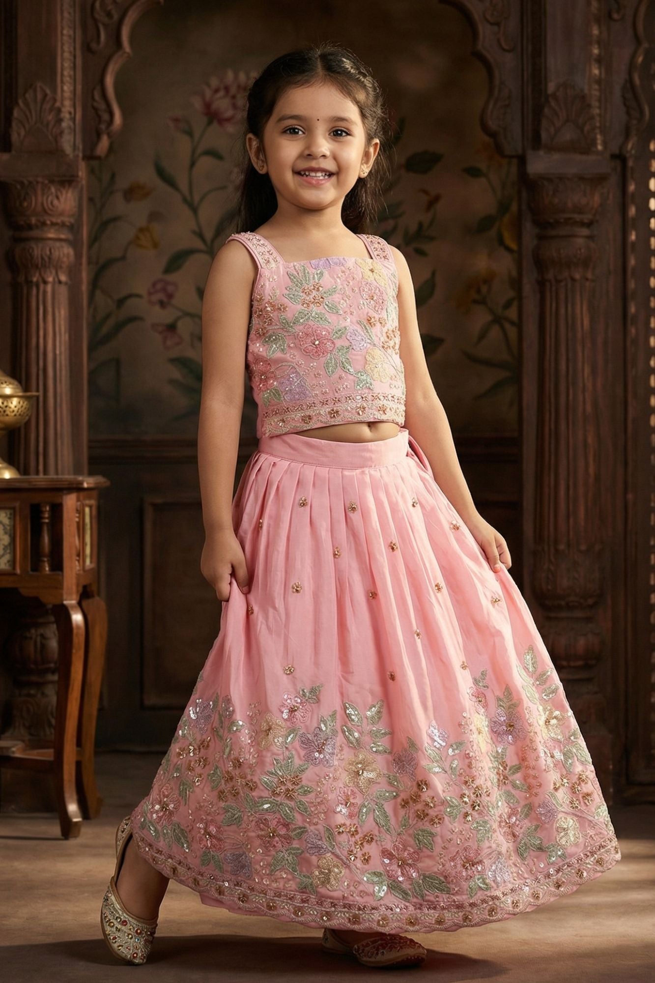 Girls Pink Floral Embroidered Lehenga Set With Dupatta