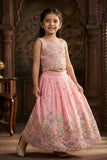 Girls Pink Floral Embroidered Lehenga Set With Dupatta
