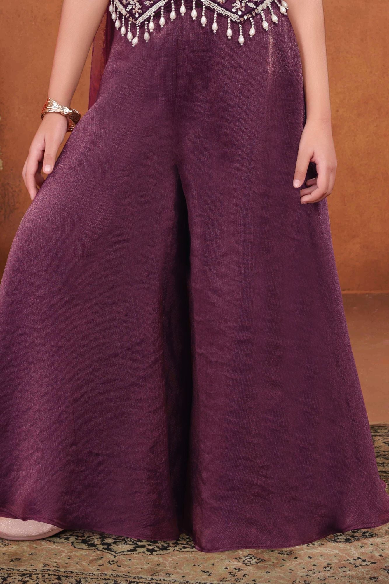 Girls Wine Embroidered Palazzo Set With Dupatta