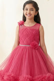 Rani Pink Layered Net Party Gown with Floral Ruffle Hem For Girls