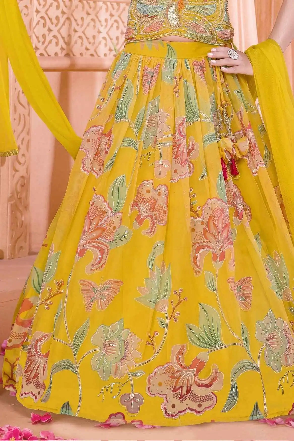Mustard Yellow Floral Printed Lehenga Choli Set With Bead Embroidered Choli And Dupatta For Girls
