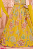 Mustard Yellow Floral Printed Lehenga Choli Set With Bead Embroidered Choli And Dupatta For Girls