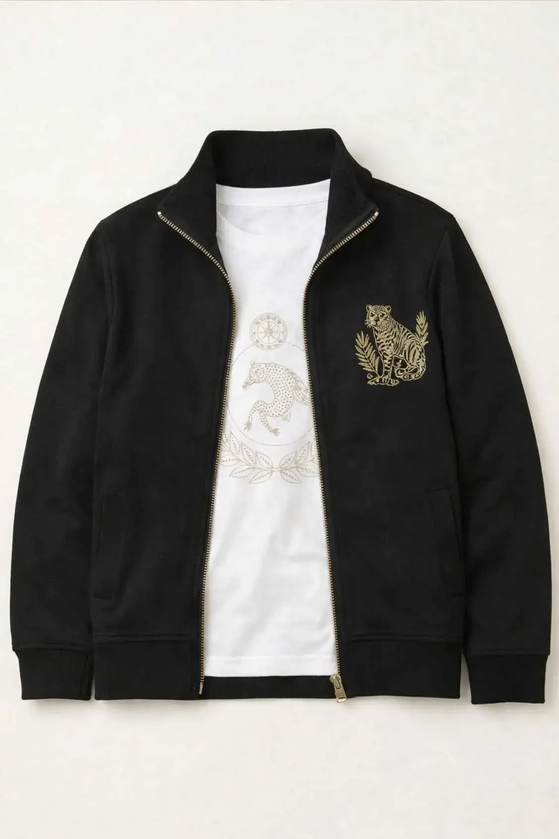 White T-Shirt & Black Zip-Up Jacket Set with Gold Crest Detailing For Boys