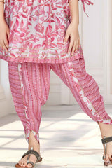 Pink 3/4th Sleeves With Floral Printed And Mirror Work Dhoti Set For Girls