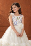 Off-White Floral Embroidered Net Party Gown with Layered Ruffle Hem For Girls