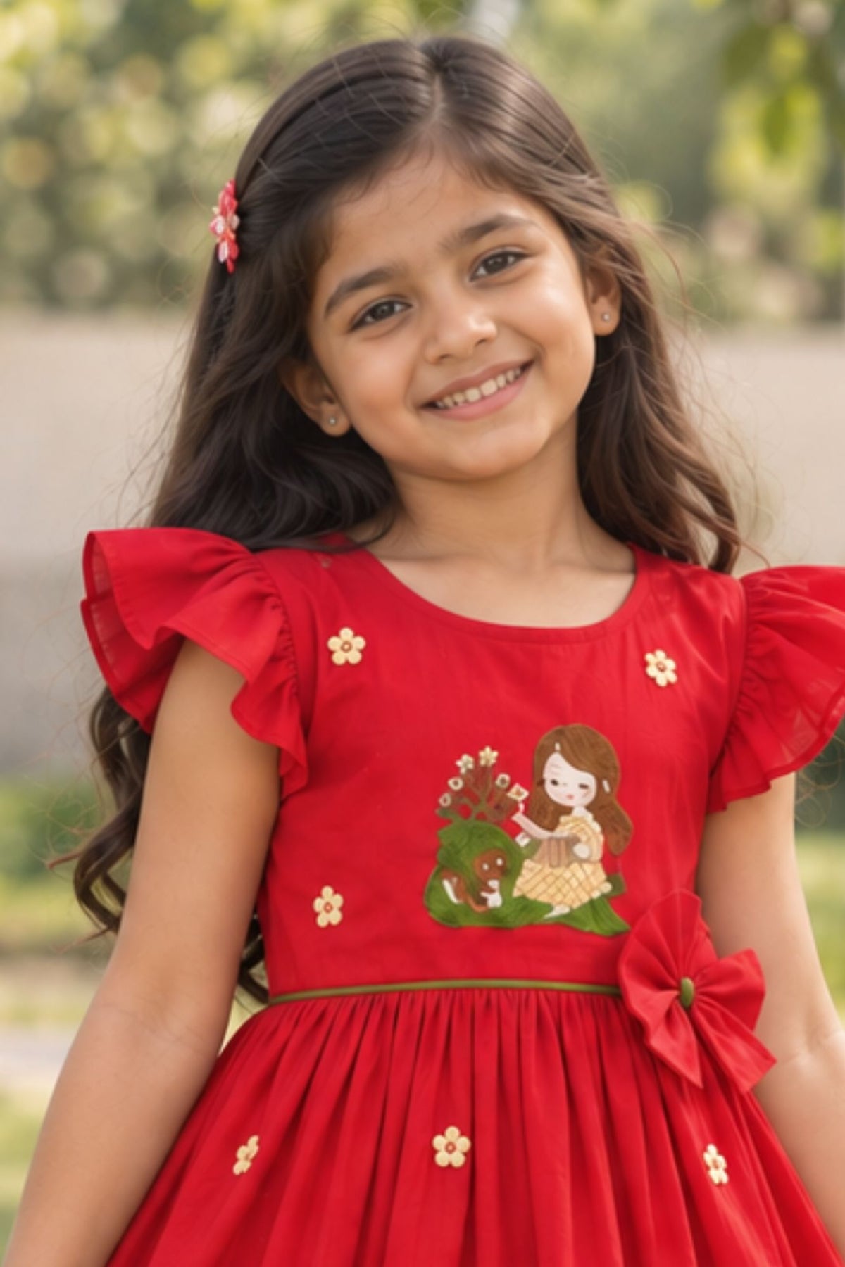 Girls Red Floral Embroidered Ruffle Sleeve Flared Dress