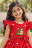 Girls Red Floral Embroidered Ruffle Sleeve Flared Dress