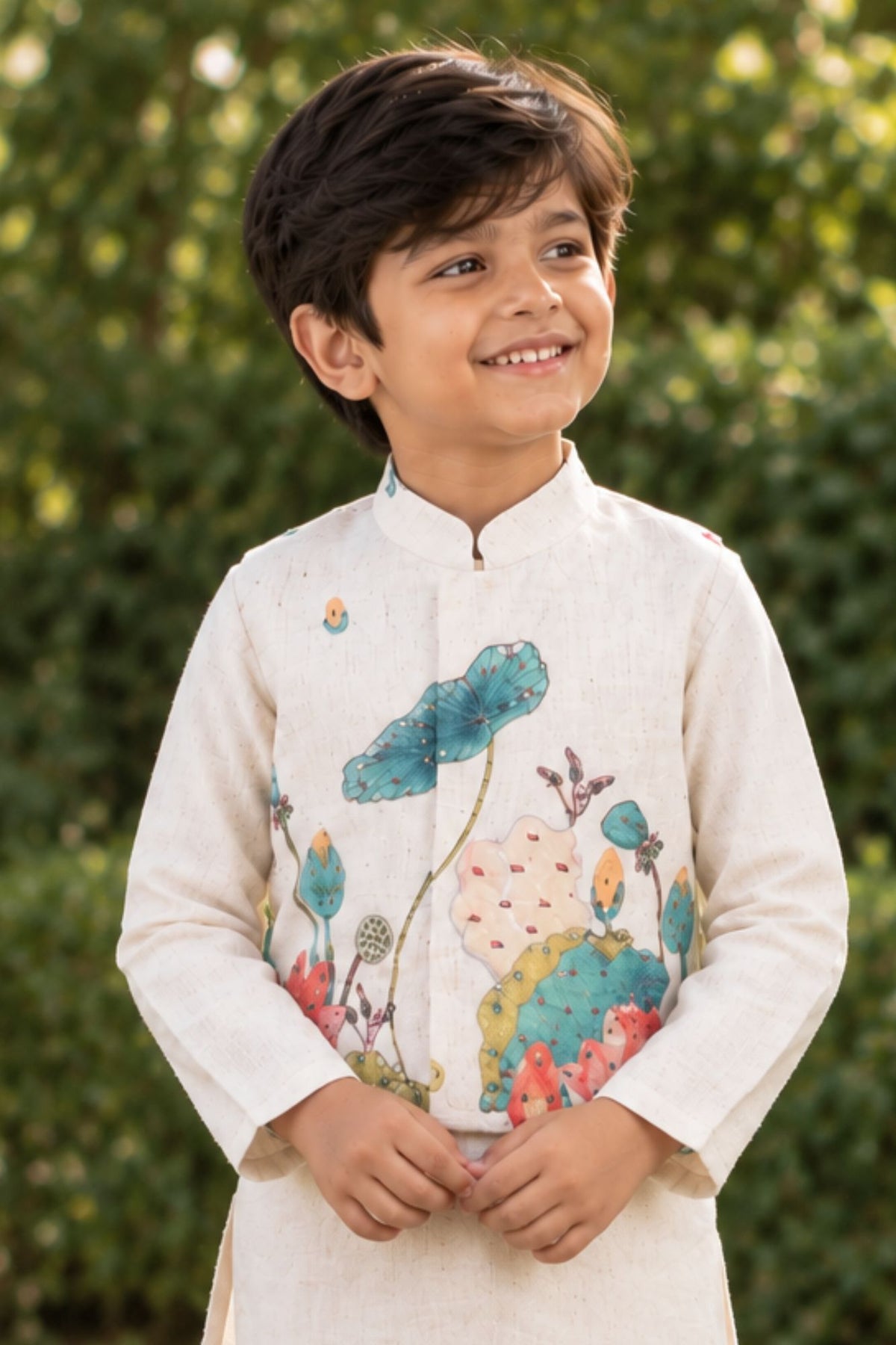 Beige Kurta Set With Floral Printed Nehru Jacket For Boys