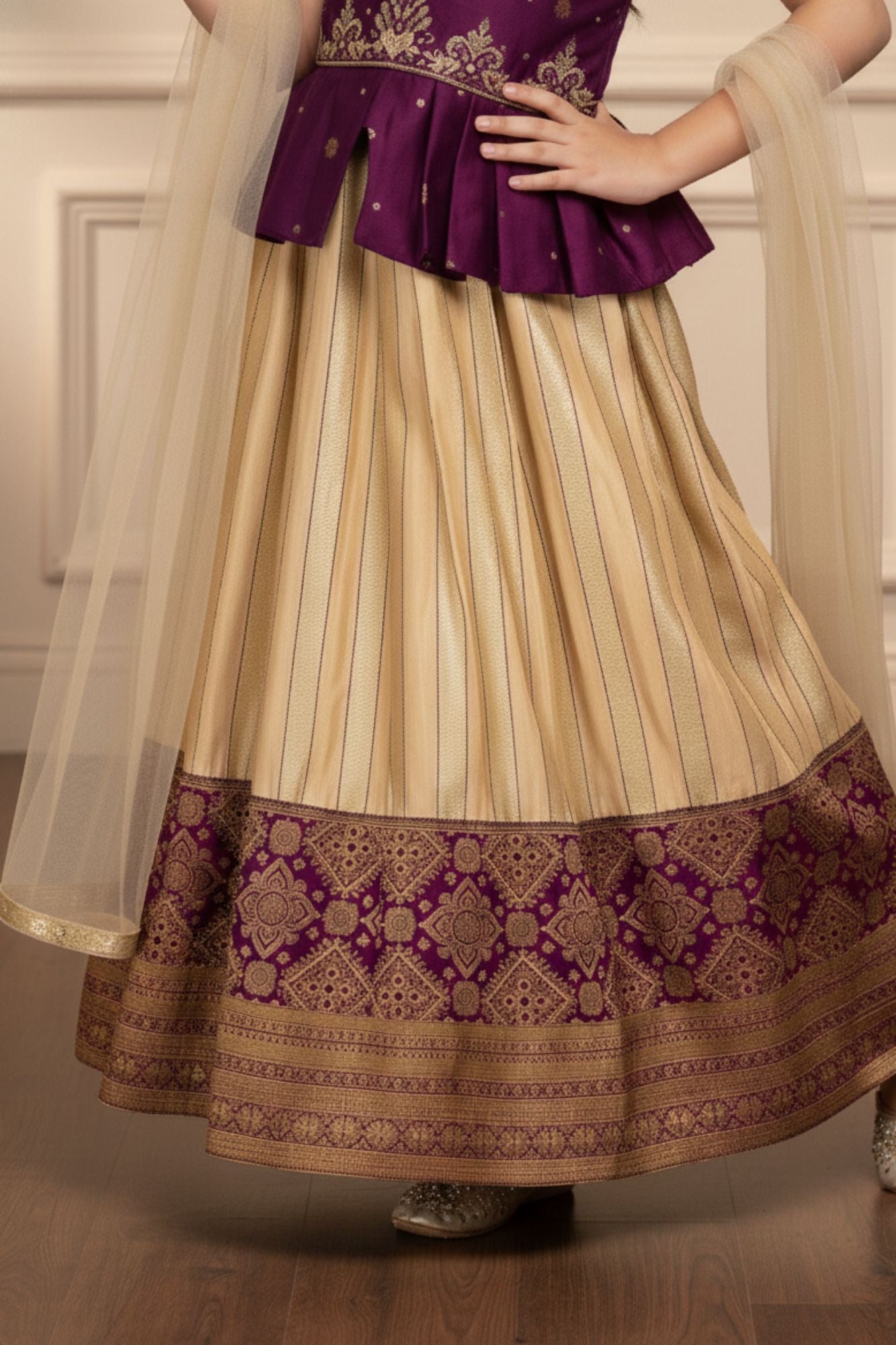 Wine Pattu Pavadai Set with Gold Embroidery For Girls