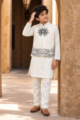 White Kurta with Embroidered Waist-coat For Boys