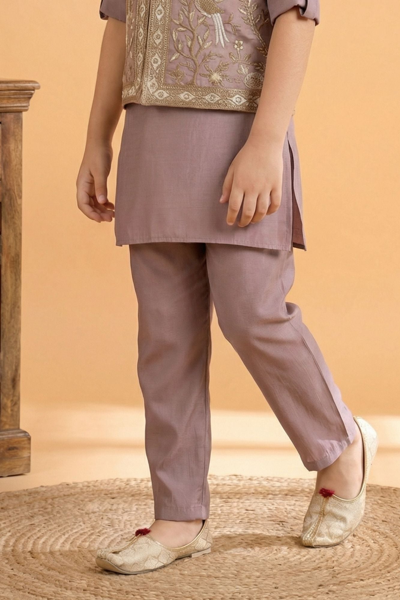 Onion Pink Embroidered Kurta Set with Nehru Jacket For Boys