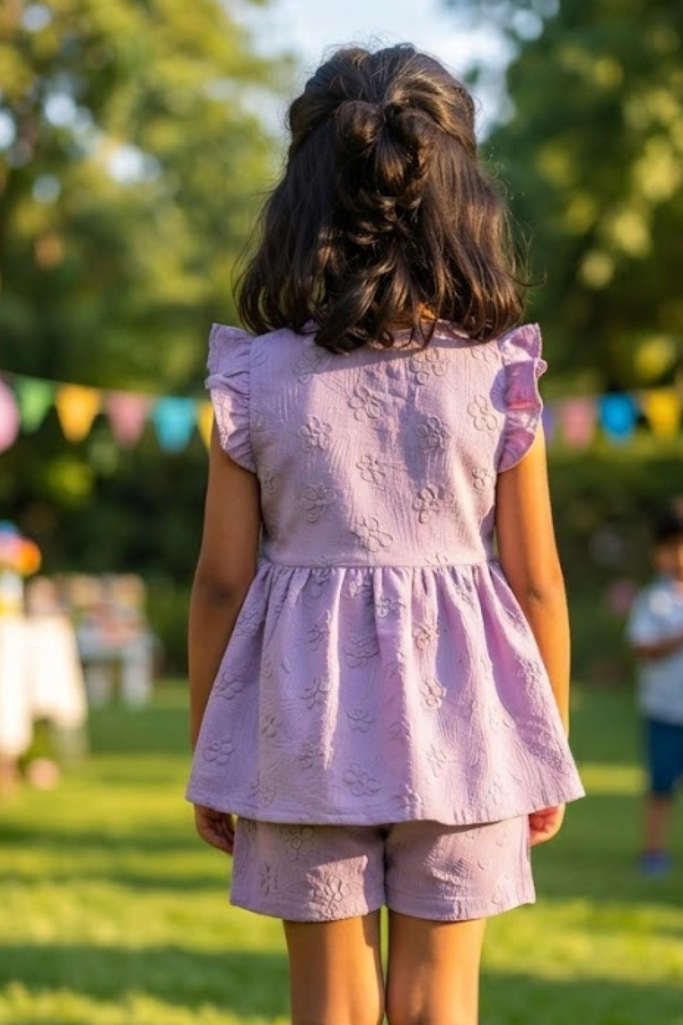 Charming Girls Purple Textured Top & Shorts Set with Ruffle Details