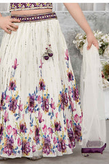 Purple And White Floral Printed Lehenga Choli Set With Sequins Work For Girls