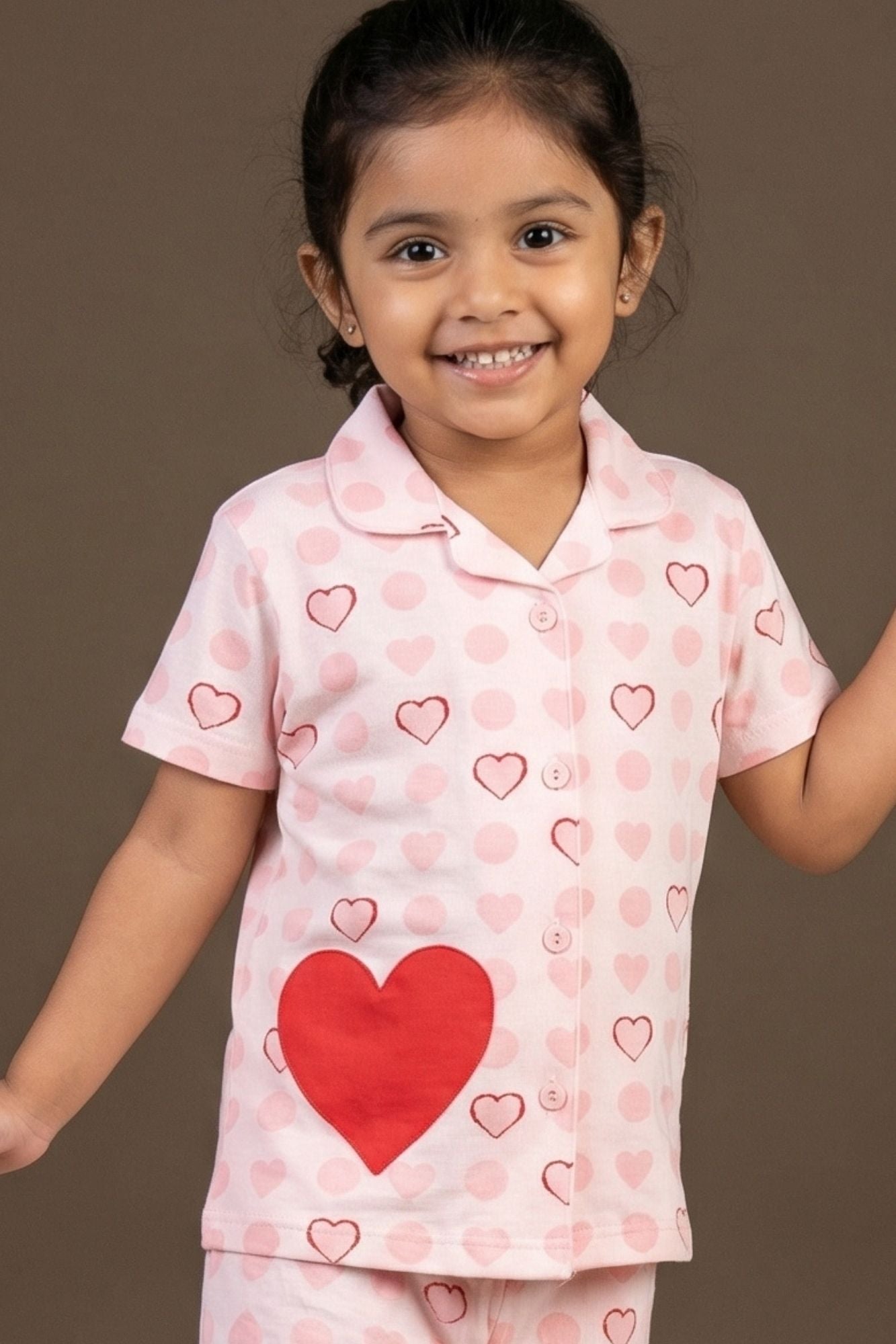 Pink Heart Print Night Suit Set For Girls