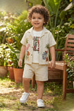 Boys Beige Shorts Set with Tropical Embroidered Shirt And Printed Tee