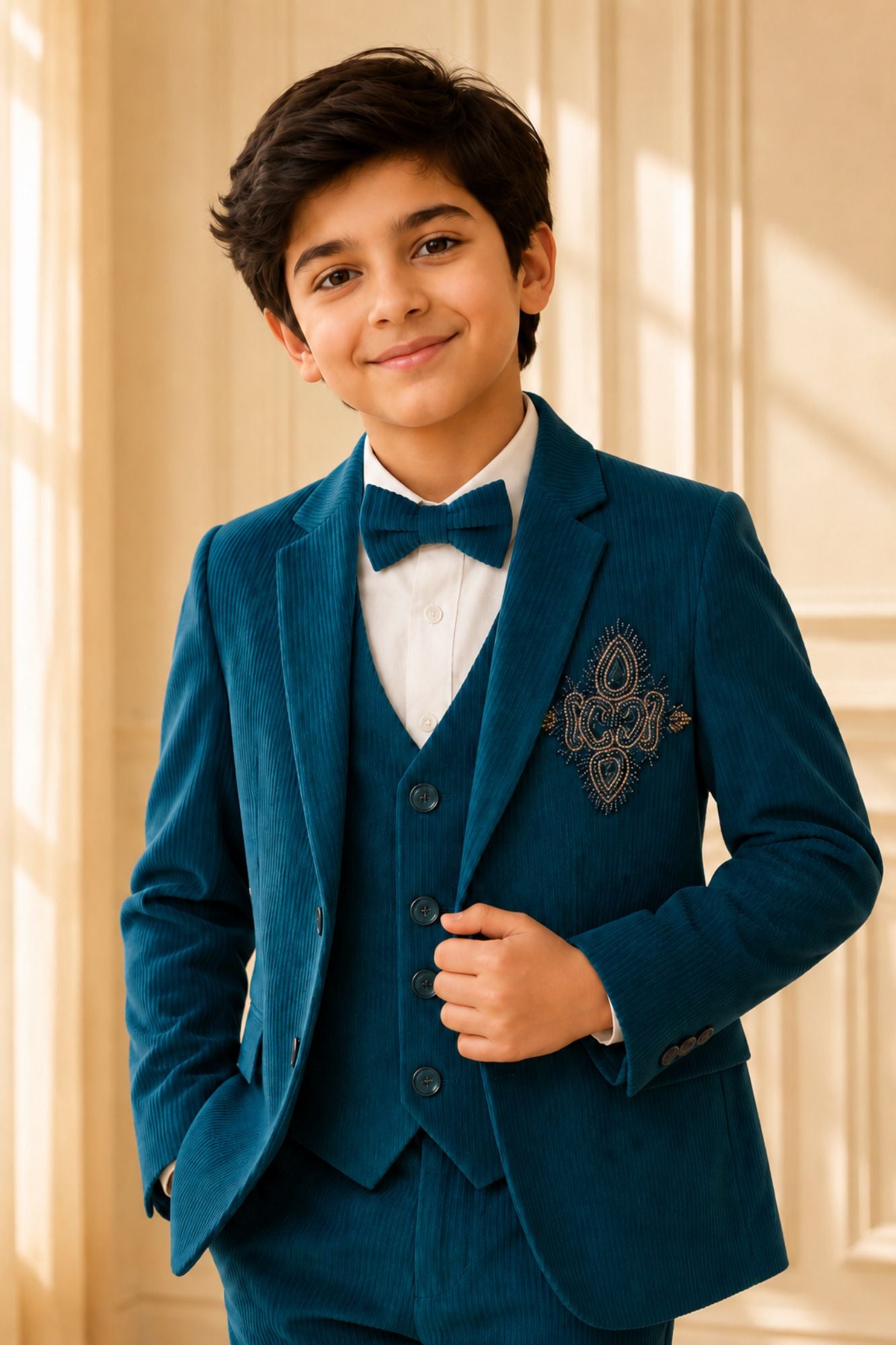 Boys Teal Embroidered Shawl Collar Party Wear Suit Set