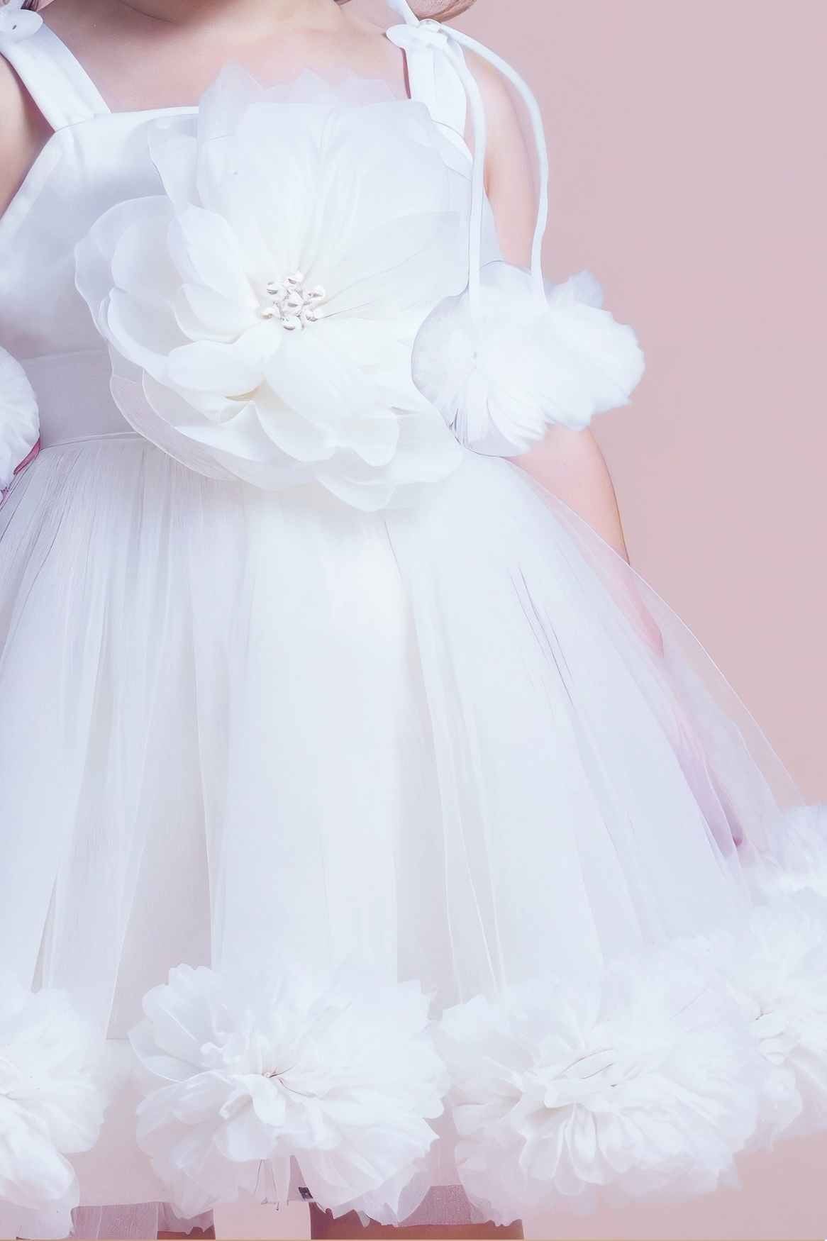 White Ruffled Frock With Floral Embellished For Girls
