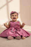 Pink Party Frock with Floral Rosette and Embellished Strap Detailing For Girls