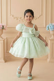 Pista Green One-Shoulder Party Frock with 3D Floral Bow For Girls