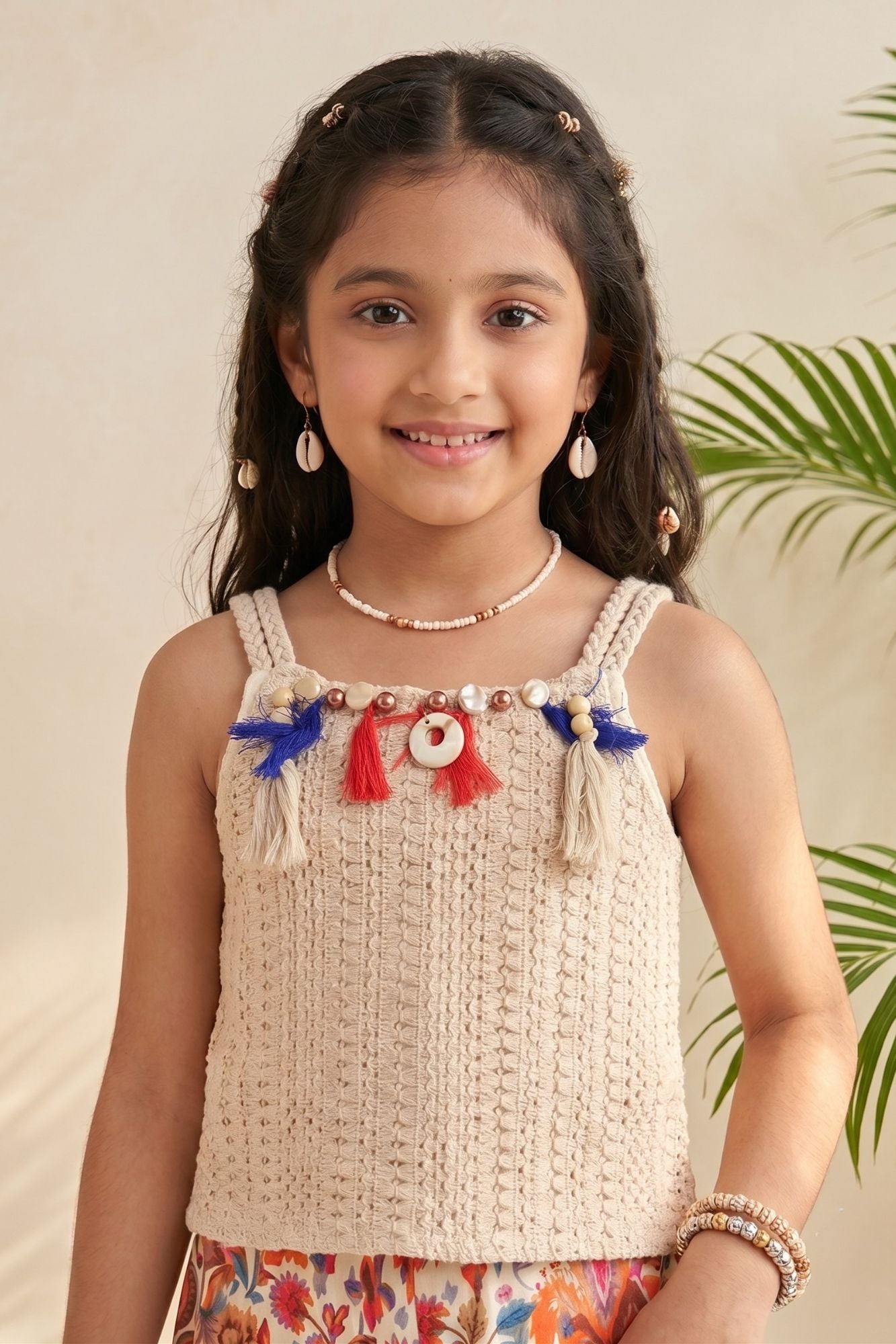 Off White Crochet Top with Multicolor Floral Printed Wide-Leg Culottes Co-Ord Set for Girls